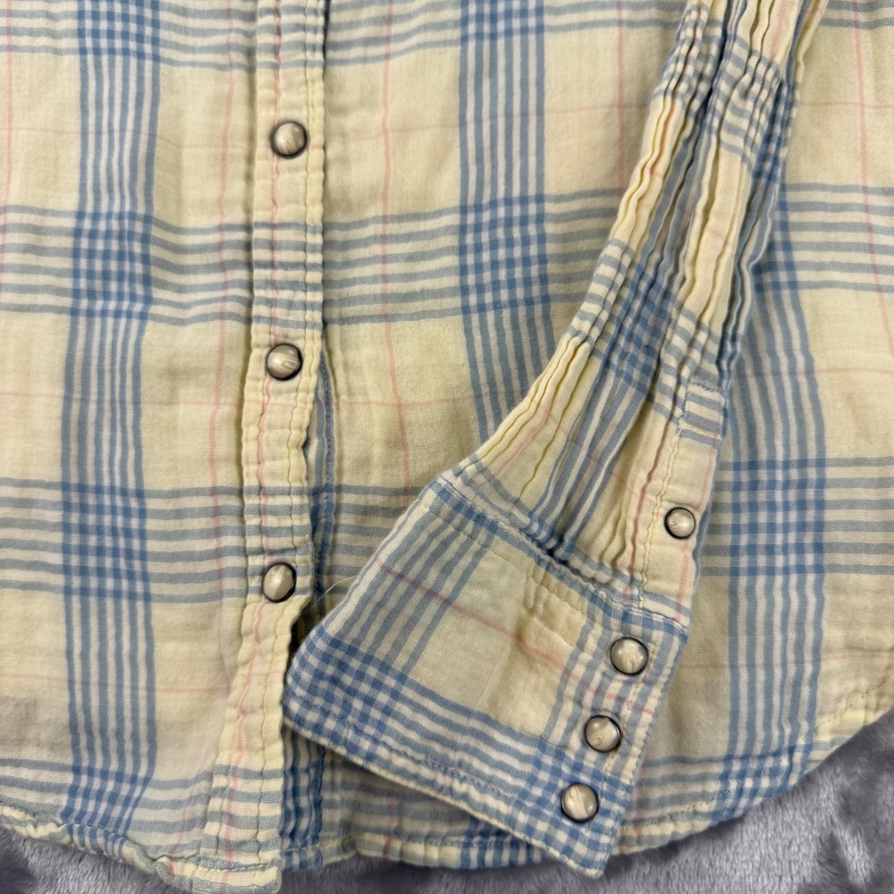 American Eagle Womens Plaid Snap Front Western Gauze Shirt Yellow Blue Size 10 - Picture 9 of 15